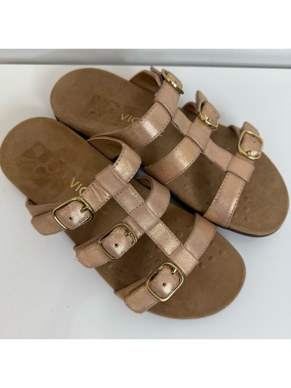 Vionic Misa Rose Gold Metallic Leather Slide Sandal Size 7 Comfort Orthotic